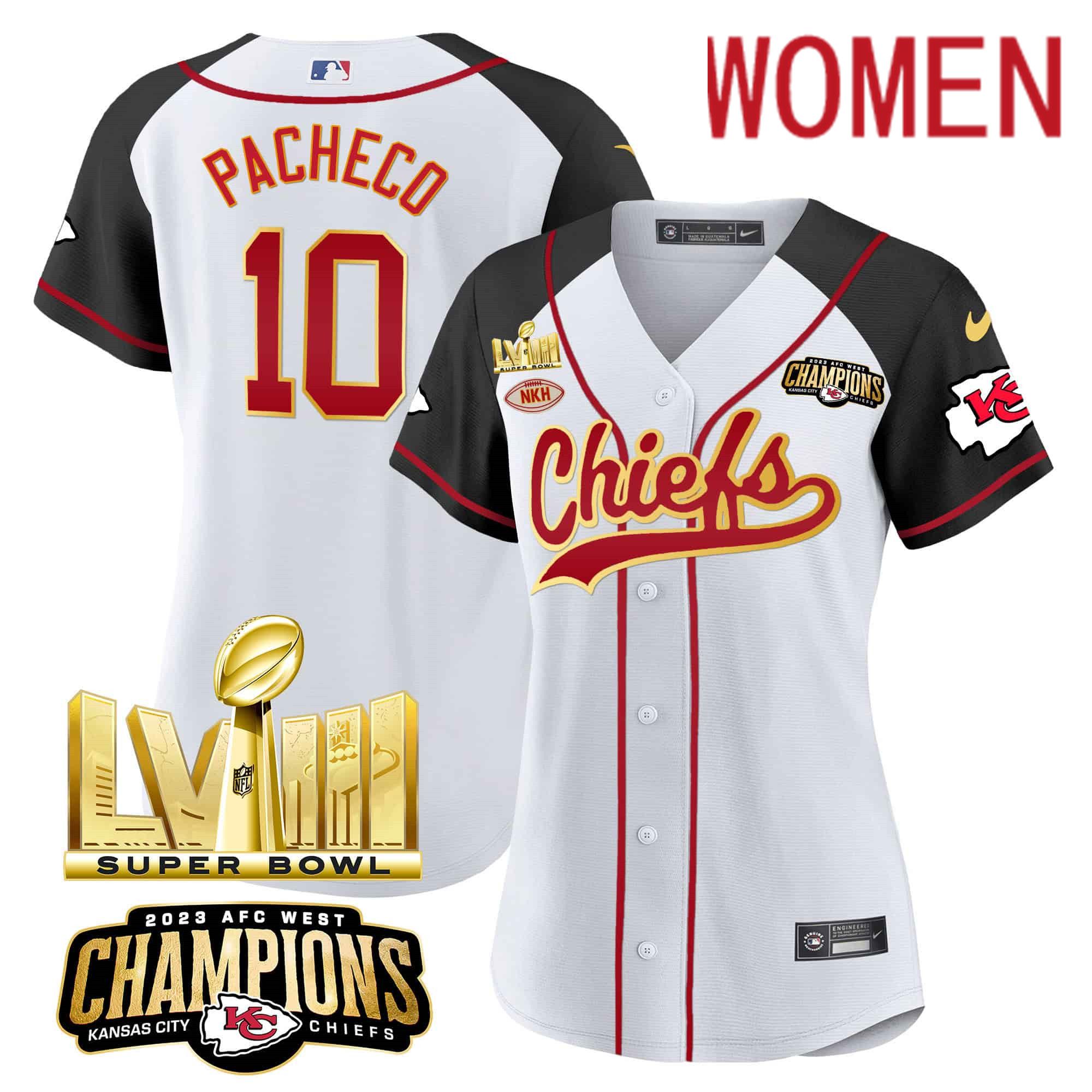 Women Kansas City Chiefs #10 Pacheco White 2024 Nike Super Bowl LVIII Back-2-Back Gold Patch Baseball NFL Jersey style 1